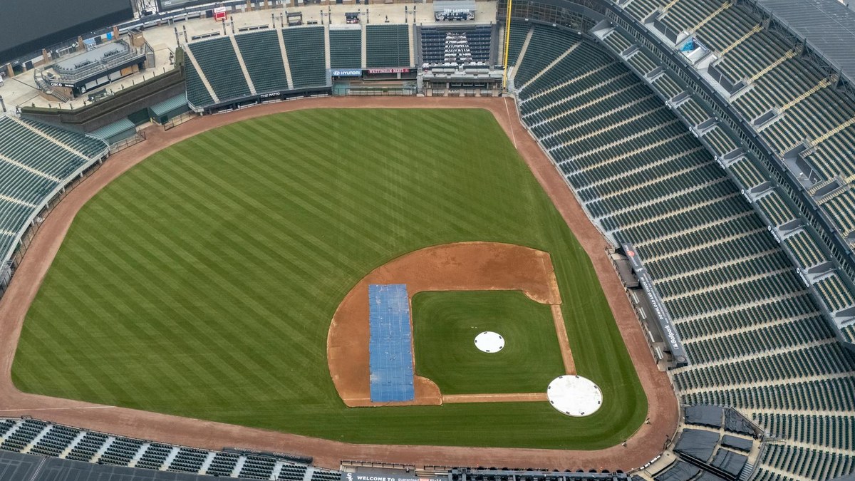 Aerial view of an empty baseball stadium with the diamond and main grandstand visible from above