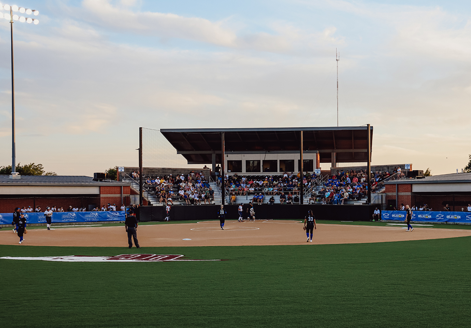 Tom Heath Field at Oklahoma Christian University during a softball game at dusk