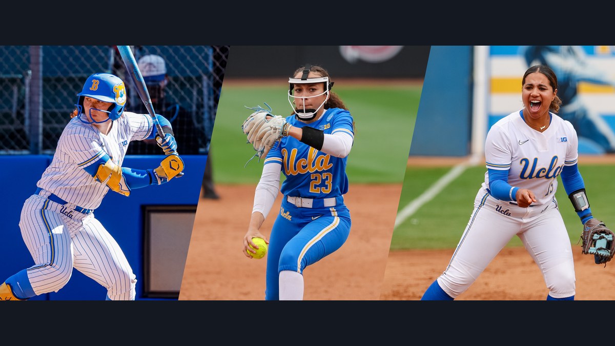 UCLA's Megan Grant, Taylor Tinsley and Jordan Woolery in three action photos