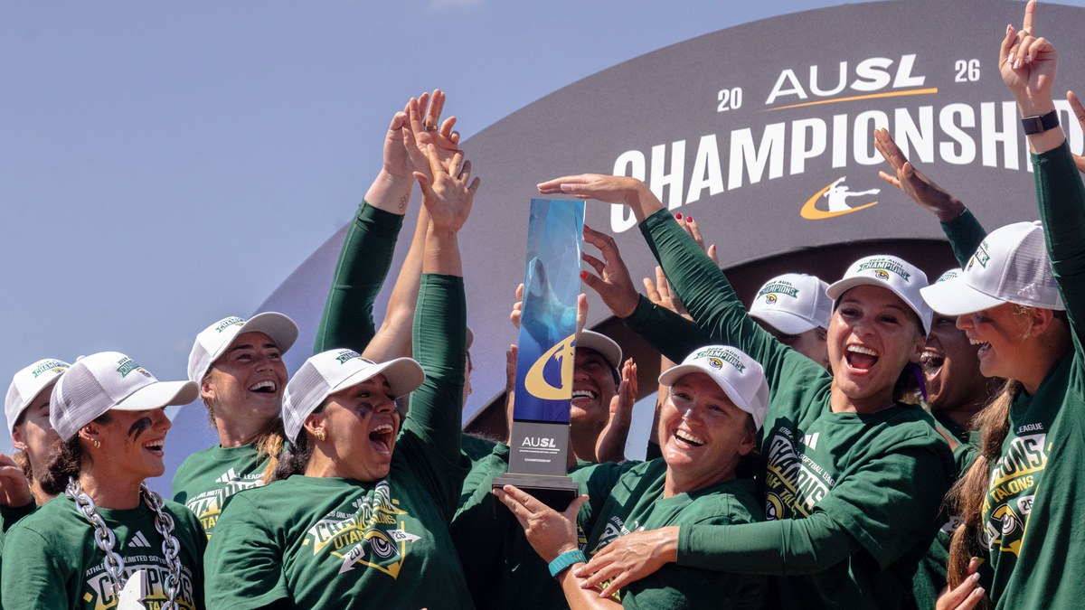 Utah Talons players celebrate with the 2026 AUSL Championship trophy at Davis Diamond