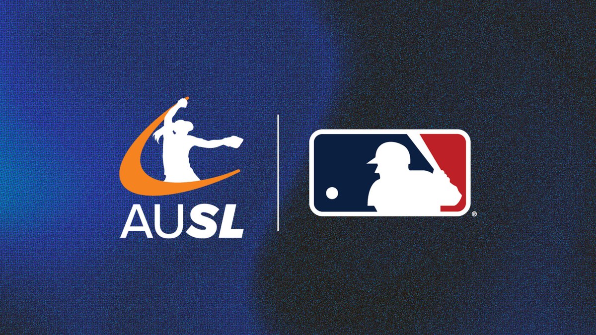 AUSL and Major League Baseball logos side by side on a dark blue background