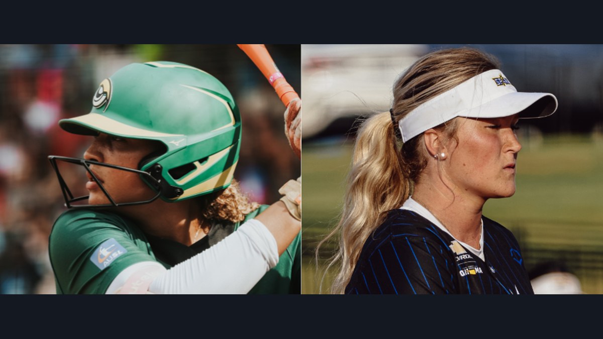 Maya Brady batting in a Utah Talons helmet, beside Kelly Maxwell in a visor