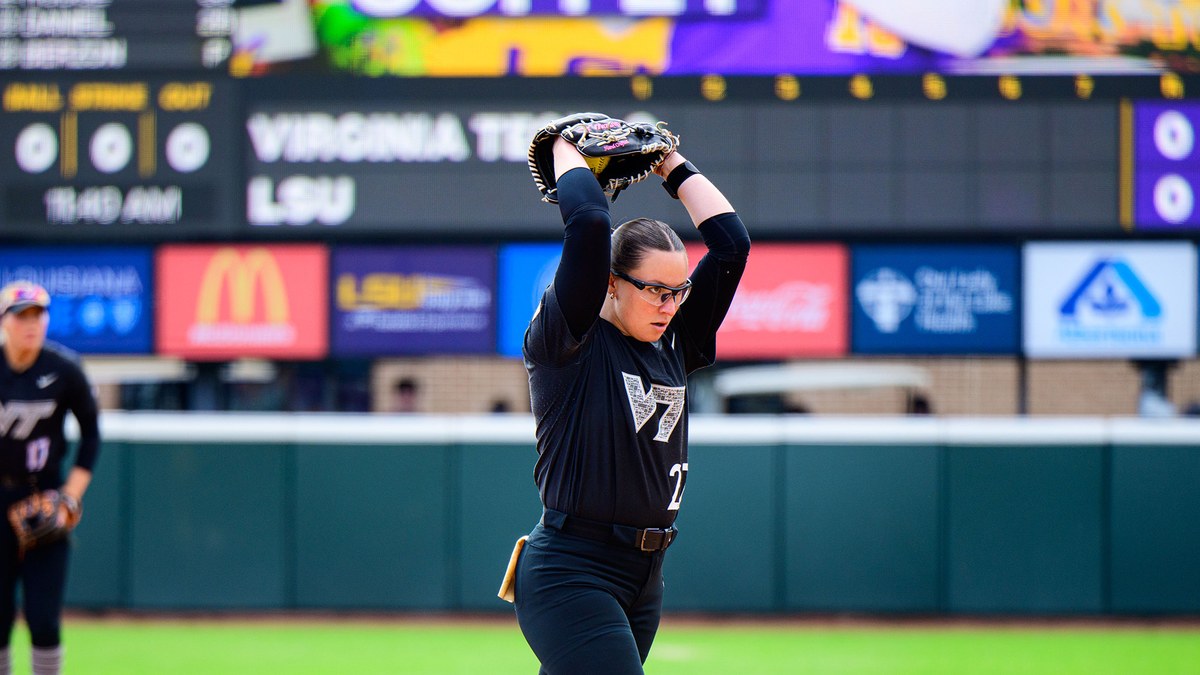 Virginia Tech pitcher Emma Lemley, No. 27, in her windup