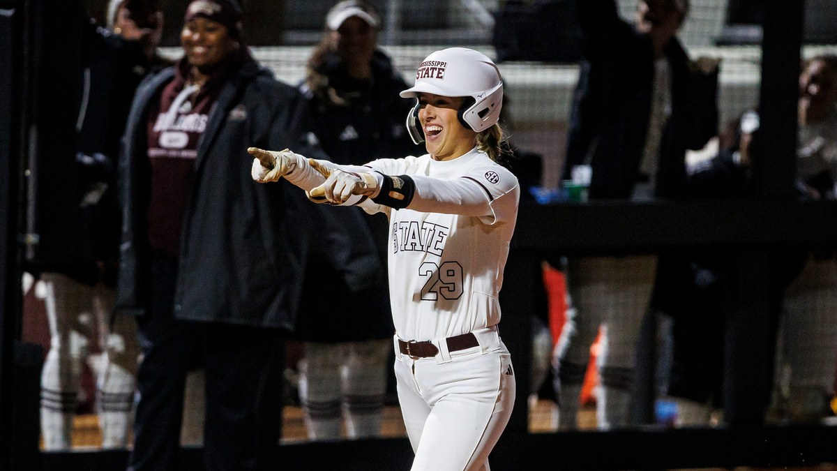 Mississippi State's Sierra Sacco points toward the dugout