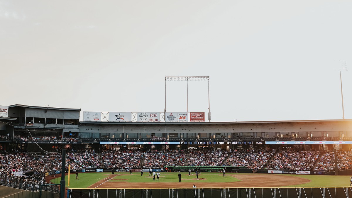 Fans fill the stands at Dell Diamond in Round Rock, Texas, during an AUSL game at sunset
