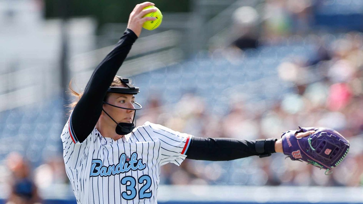 Chicago Bandits pitcher Kat Sandercock, No. 32, in her windup