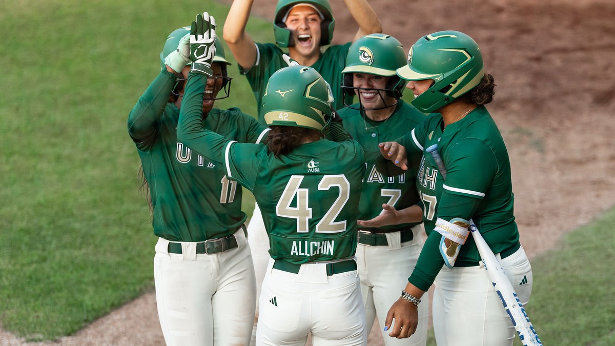 Utah Talons outfielder Jadelyn Allchin, No. 42, celebrates with teammates