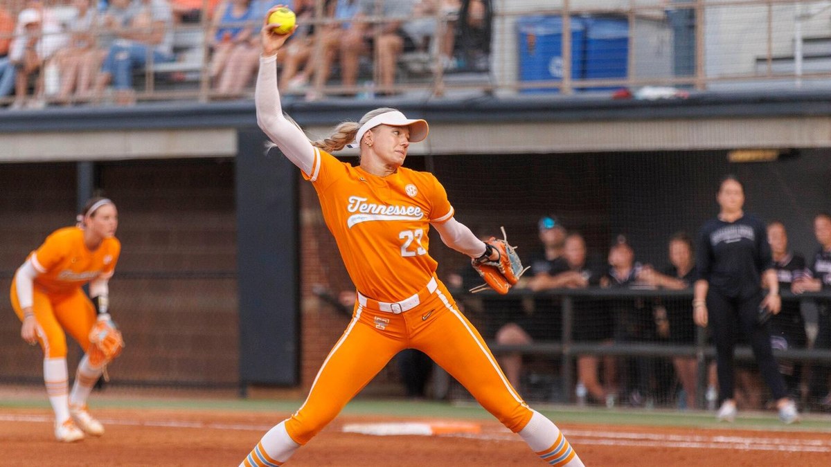 Tennessee pitcher Karlyn Pickens, No. 23, delivers a pitch in an orange Lady Vols uniform