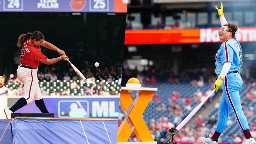 Jordan Woolery swings in a Braves uniform at MLBx Atlanta, left, and Rachel Garcia celebrates in a Phillies uniform at MLBx Philadelphia, right