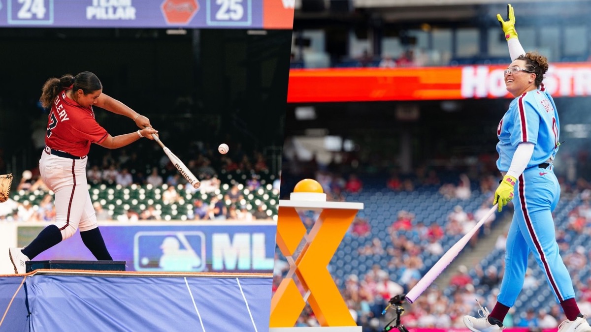 Jordan Woolery swings in a Braves uniform at MLBx Atlanta, left, and Rachel Garcia celebrates in a Phillies uniform at MLBx Philadelphia, right